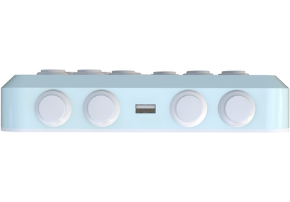 Pastel blue arcade game controller with responsive buttons, SOCD functionality, and ergonomic design. Compatible with Nintendo Switch and PC. Images highlight the sleek design, button layout, and craftsmanship.