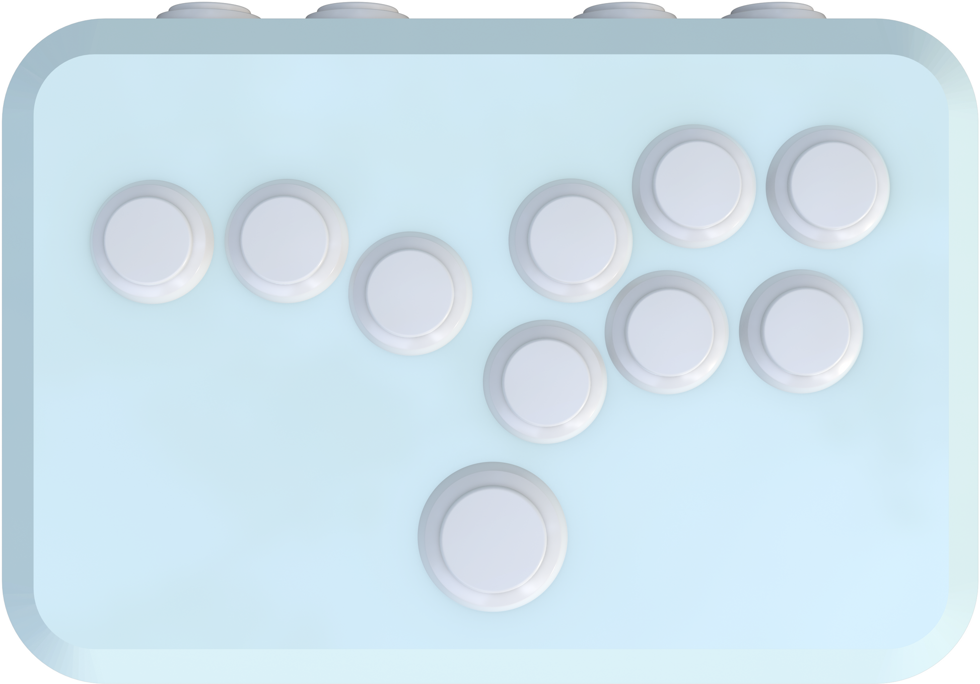 Pastel blue arcade game controller with responsive buttons, SOCD functionality, and ergonomic design. Compatible with Nintendo Switch and PC. Images highlight the sleek design, button layout, and craftsmanship.