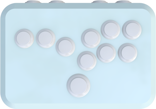 Pastel blue arcade game controller with responsive buttons, SOCD functionality, and ergonomic design. Compatible with Nintendo Switch and PC. Images highlight the sleek design, button layout, and craftsmanship.