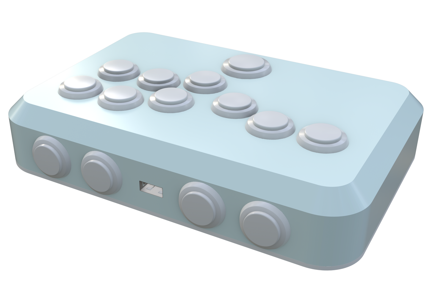 Pastel blue arcade game controller with responsive buttons, SOCD functionality, and ergonomic design. Compatible with Nintendo Switch and PC. Images highlight the sleek design, button layout, and craftsmanship.