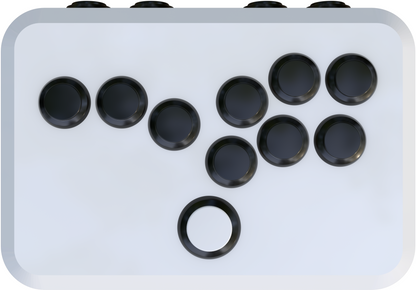 White arcade game controller with responsive buttons, SOCD functionality, and ergonomic design. Compatible with Nintendo Switch and PC. Images highlight the sleek design, button layout, and craftsmanship.