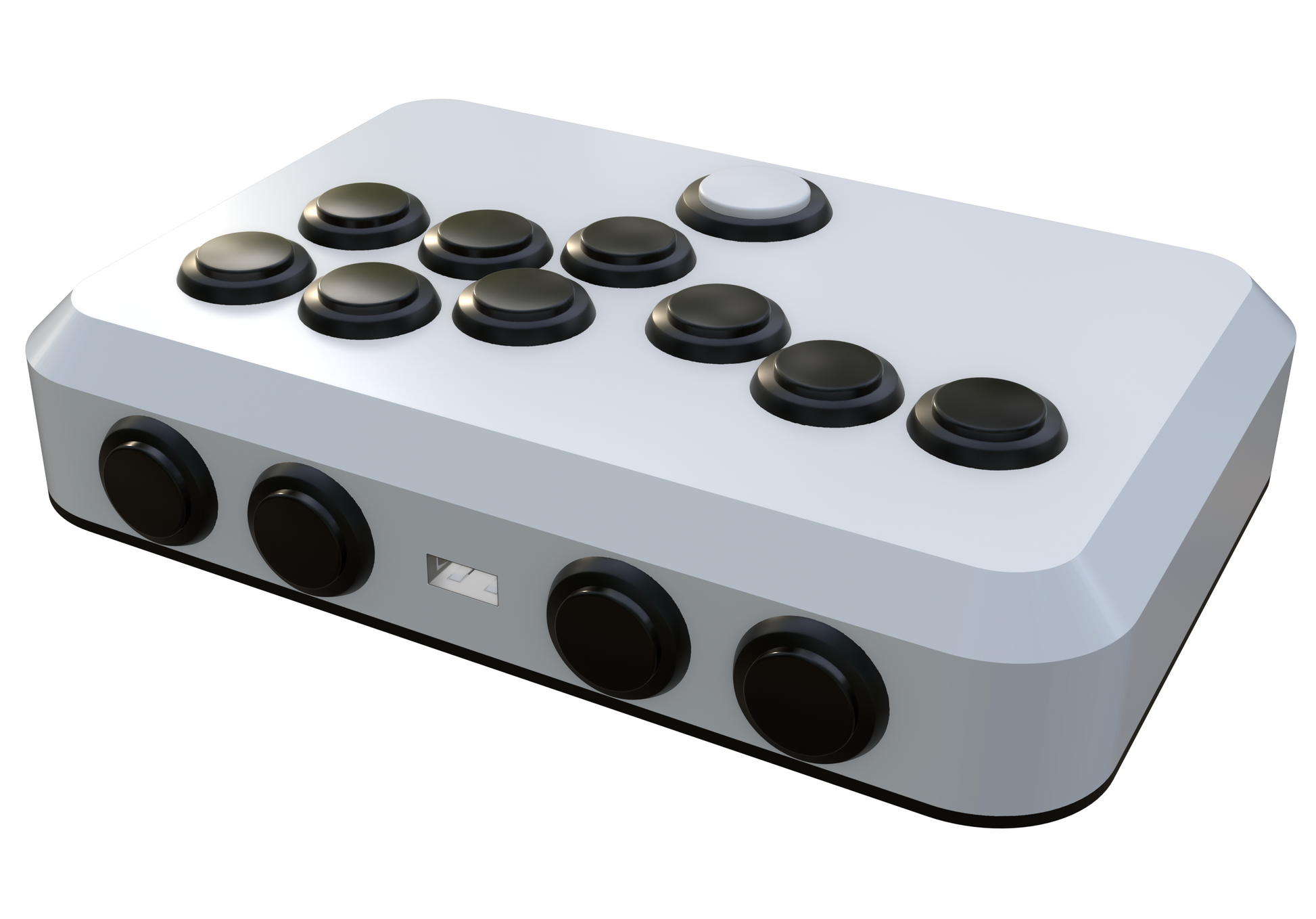 White arcade game controller with responsive buttons, SOCD functionality, and ergonomic design. Compatible with Nintendo Switch and PC. Images highlight the sleek design, button layout, and craftsmanship.