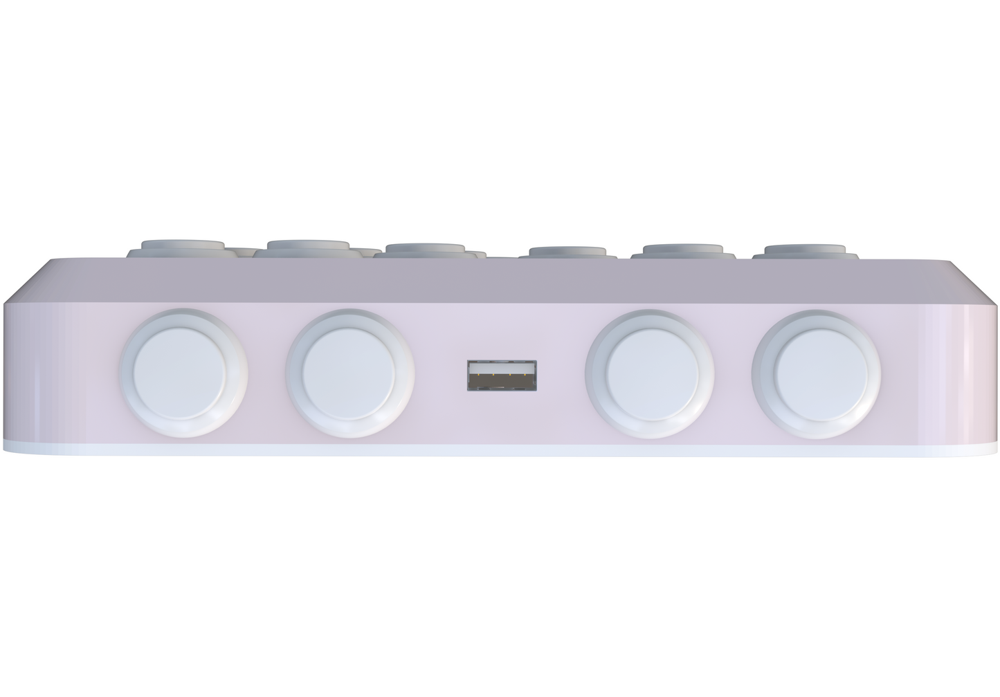 Pastel pink arcade game controller with responsive buttons, SOCD functionality, and ergonomic design. Compatible with Nintendo Switch and PC. Images highlight the sleek design, button layout, and craftsmanship.