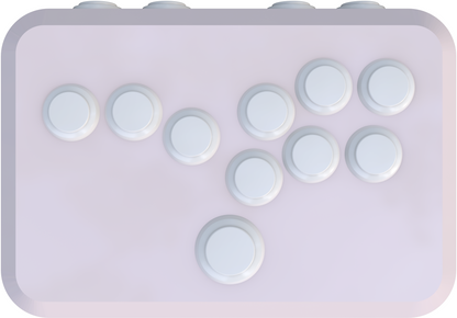 Pastel pink arcade game controller with responsive buttons, SOCD functionality, and ergonomic design. Compatible with Nintendo Switch and PC. Images highlight the sleek design, button layout, and craftsmanship.