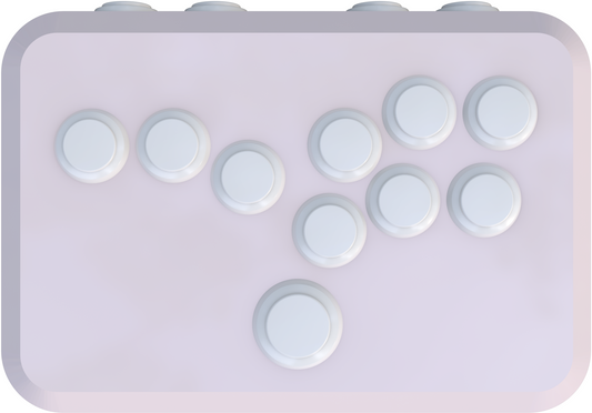 Pastel pink arcade game controller with responsive buttons, SOCD functionality, and ergonomic design. Compatible with Nintendo Switch and PC. Images highlight the sleek design, button layout, and craftsmanship.