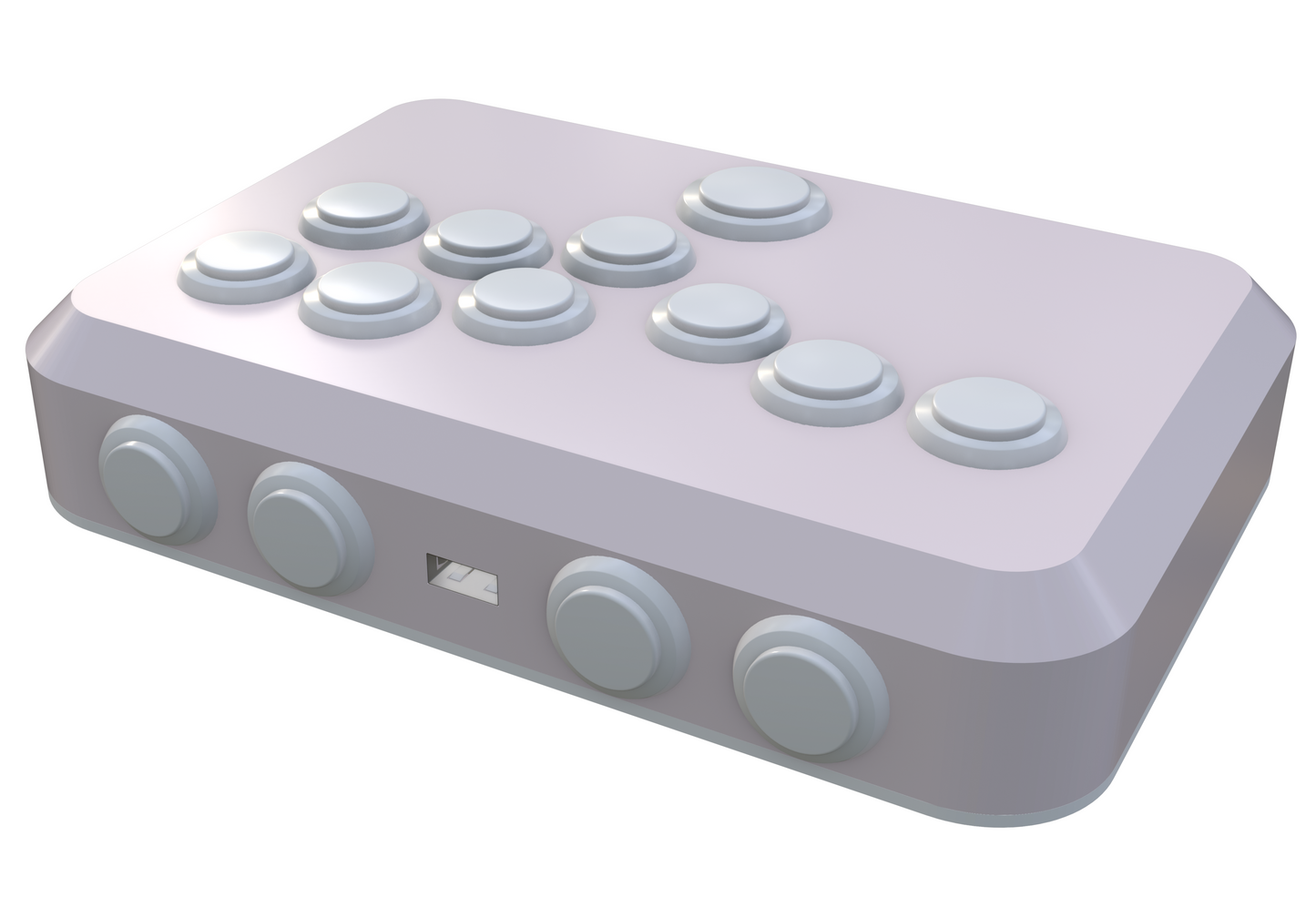 Pastel pink arcade game controller with responsive buttons, SOCD functionality, and ergonomic design. Compatible with Nintendo Switch and PC. Images highlight the sleek design, button layout, and craftsmanship.